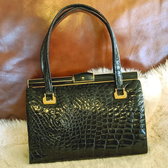 Vintage Handbags - 1950s Genuine Crocodile Skin Vintage Black Purse